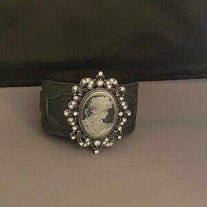Elegant Black Leather Cameo Bracelet